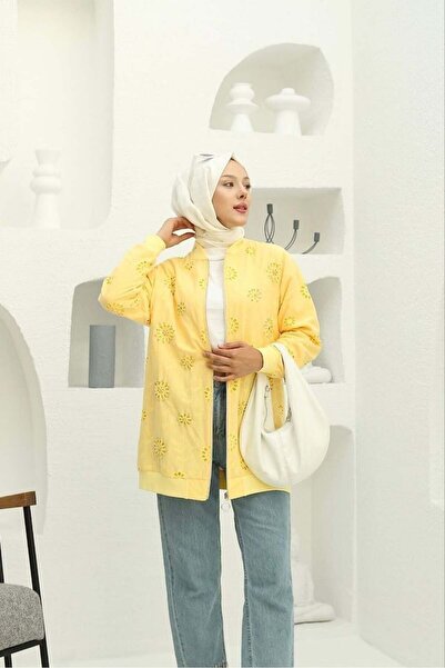 Moda Asrın Kadın Taş Işlemeli Brode Hırka Sarı
