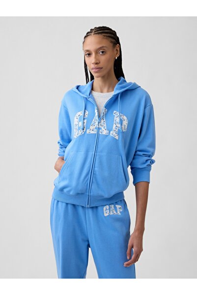 GAP Kadın Açık Mavi Logo Fermuarlı Fransız Havlu Kumaş Sweatshirt