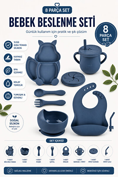 jojobebek Sincap Figürlü Lacivert Renk BPA Free Vakumlu Silikon Beslenme Seti