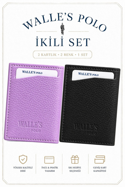 Walle's Polo Erkek-kadın 2 Li Siyah-lila Set Kağıt Para Bölmeli Deri 1 Kimlik...