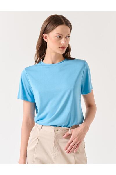 Jimmy Key Sky Blue Straight Cut Crew Neck Short Sleeve Basic Knitted T-Shirt