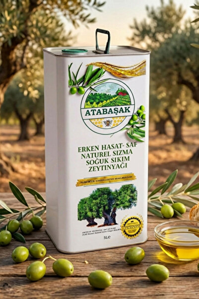 ATABAŞAK Erken Hasat Soğuk Sıkım Halhali Teneke Zeytinyağı 5 Litre, Yüksek Po...