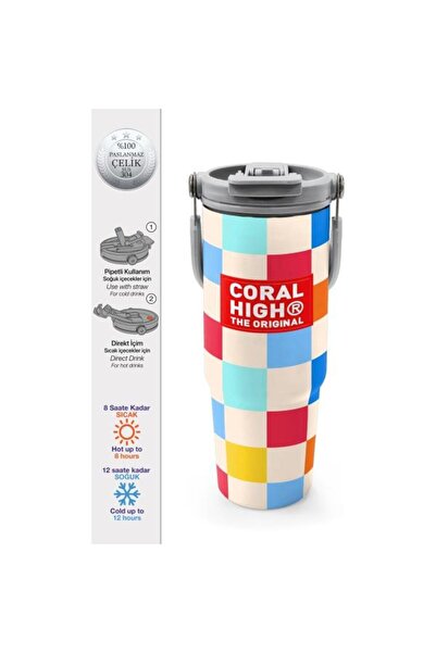 Coral High Çok Renkli Dama Desenli Pipetli ve Direkt İçim Çelik Termos 900 ml...