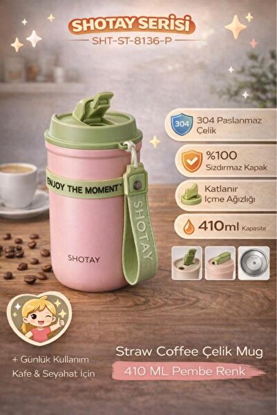 Generic Brand Strow Coffe Steel Mug 410 ml Pink Color - Sht-St-8136
