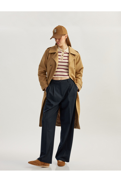 Koton Double Breasted Lapel Long Sleeve Buttoned Belt Lined Trench Coat
