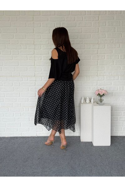 Goncalya Bluzlu Polka Dot Chiffon Double Dress