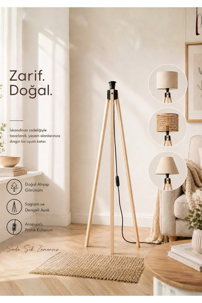 HOMİNG Natural Renk Mdf Tripod Lambader Ayağı