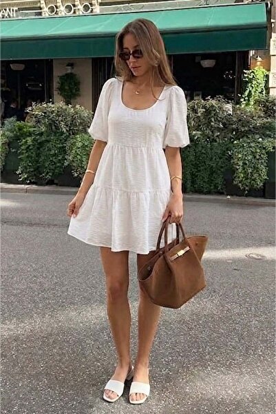 Seeh Λευκό Φόρεμα με Ανοιχτή Πλάτη Basic Κοντό Φόρεμα SH376