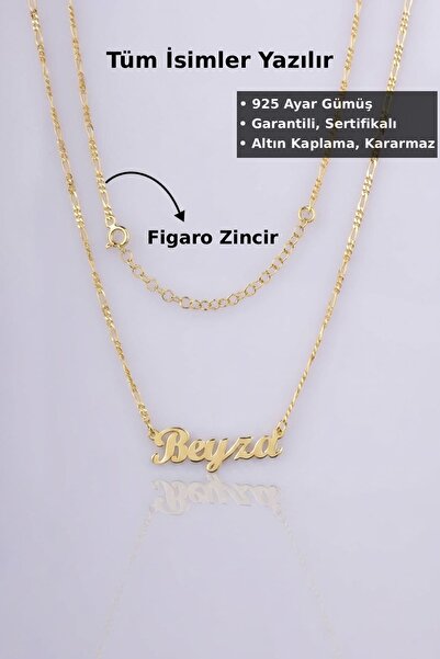 Jewelmim Figaro Zincir İsim Yazılı Gümüş Kolye | Sarı Altın Kaplama Hediye 92...