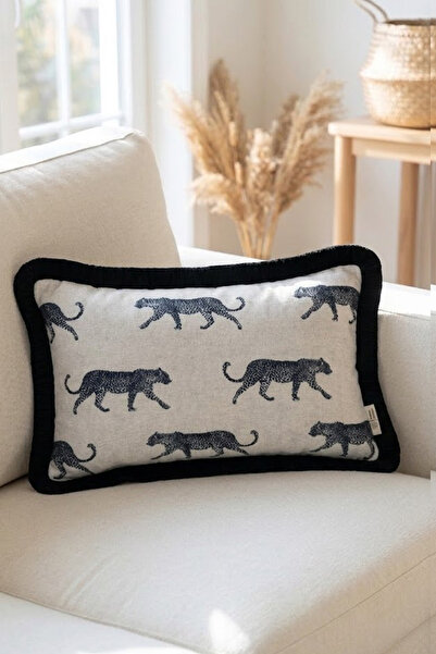 Alseko Concept Husă de pernă dreptunghiulară cu ciucuri negru, model leopard,...
