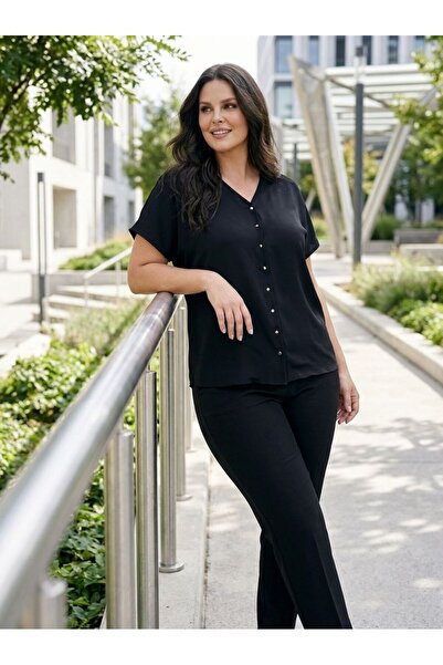 Hanezza Büyük Beden Kadın Yarım Kol Şık Bluz - Hanezza Plus Size Koleksiyonu