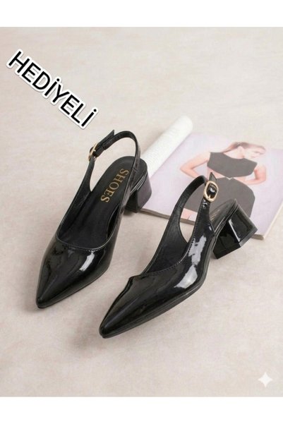 modarees Women's Short Heeled Black Patent Leather Open-Back Shoes