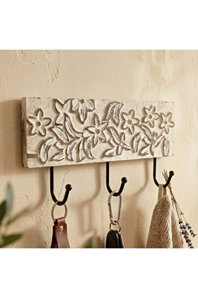 Souq DESIGNS Wall Hooks – Floral White Carved Wooden Hangers | Hooks For Hang...