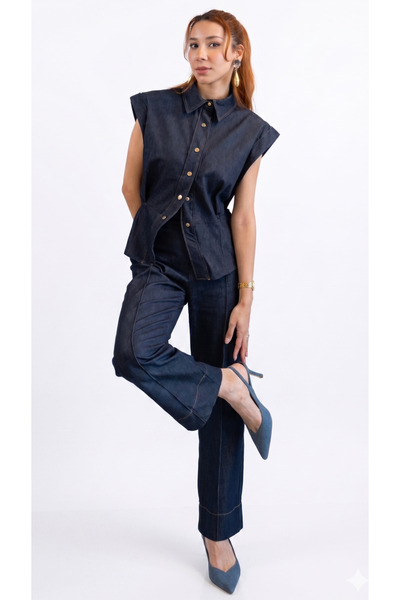 Premium Women's Denim Set Sleeveless Shirt Palazzo Pants Modern Summer Combination