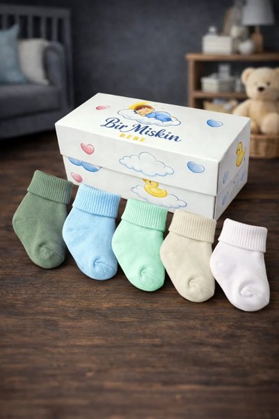 Apptakı Organik Pamuk Unisex Bebek Çorap 5’li Set Yeni Doğan & 0-12 Ay Kutulu...