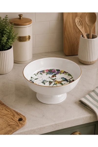 Pinkev Flora Seramik Ayaklı Meyvelik Salata Kasesi Sunum Tabağı - 23,5cm