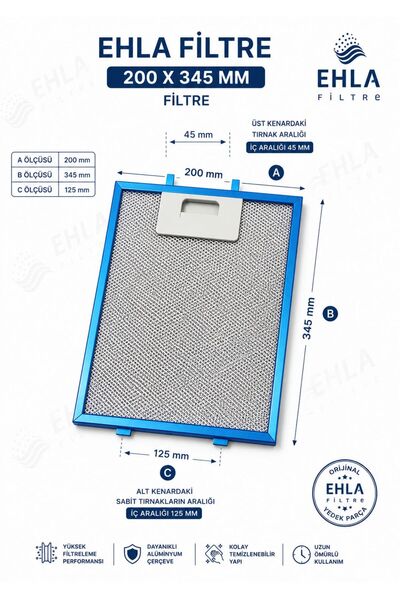 EHLA Filtre 20 Cm X 34,5 Cm. Esty 3420 Davlumbaz Filtresi