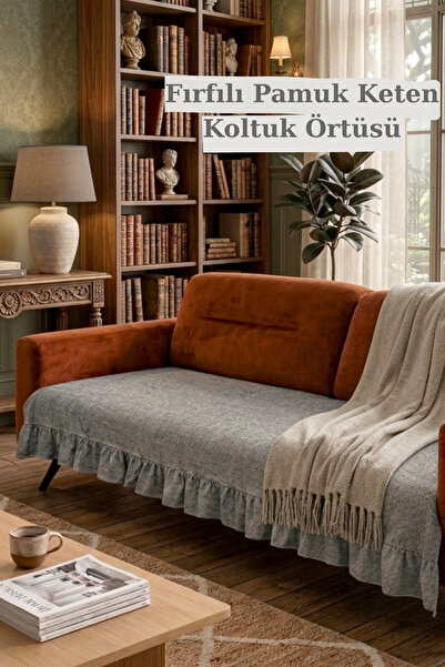 KAMİZ Fırfırlı Koltuk Örtüsü Bohem Pamuk Keten | Kaymaz, Yıkanabilir, Modern Şık Tasarım Antrasit