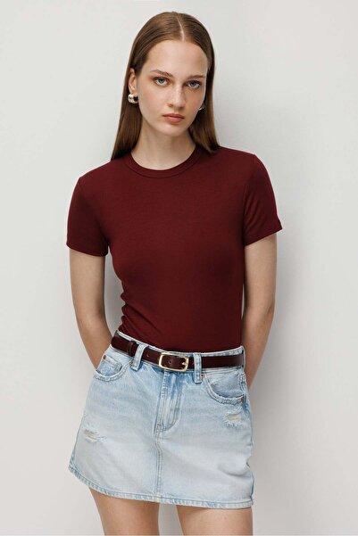Mixray 2100 Kadın Slim Fit Bisiklet Yaka Soft Basic T-Shirt Bordo