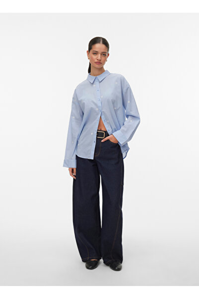 Vero Moda Buz Mavisi Kadın Standart İşlemeli Gömlek VMODONA LS SHIRT WVN NOOS