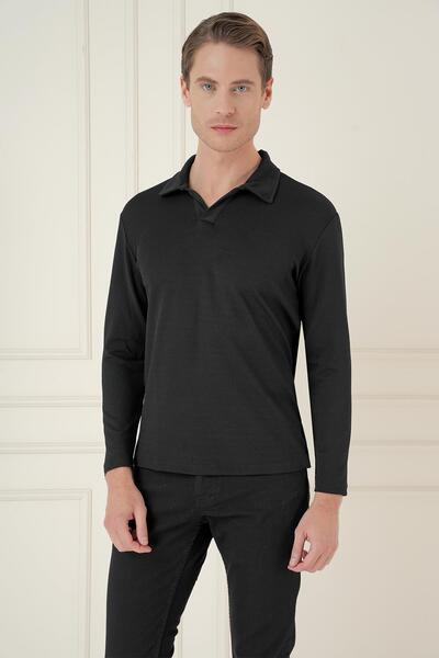 Efor Men's Slim Fit Cotton Long Sleeve Polo Collar Black T-Shirt Ts 890