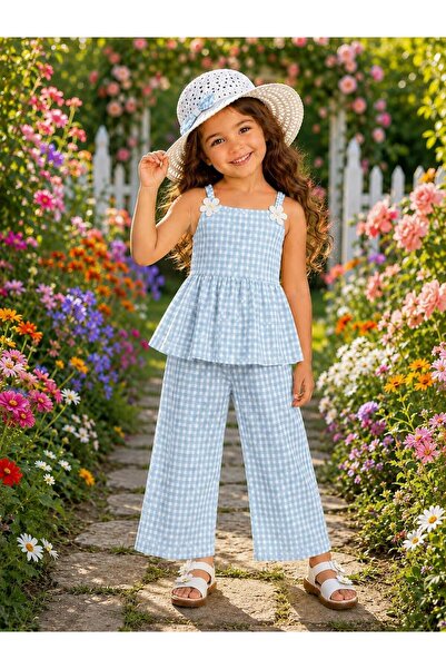 KOZADANKIDS Kız çocuk pötikareli takım-şapkalı yazlık askılı 3 lü set