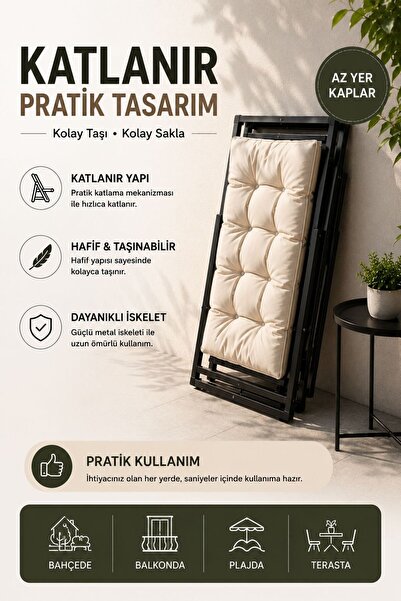 HASTUNÇ Premium Konfor Minderli Katlanır Şezlong Seti - İkili Bahçe Balkon Teras Plaj Şezlongu + Sehpa