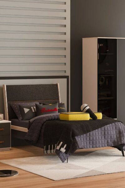 Palmera Black Led Aydınlatmalı Karyola - Antrasit Döşemeli Başlık (100-120x200)
