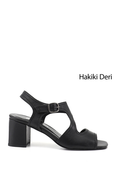 GÖNDERİ(R) Kadın Siyah Kalın Topuklu Arkası Açık Hakiki Deri Sandalet
