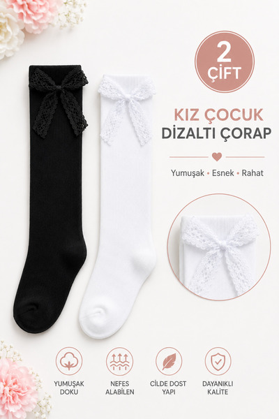tibo 2 Çift Burun Dikişsiz Kız Çocuk Kurdeleli Dizaltı Çorap
