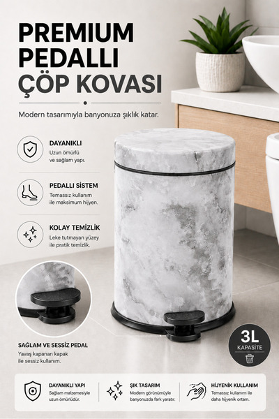 Sas Haus Pedallı Çöp Kovası 3 Litre İç Kovalı Kapaklı Tuvalet Fırçalı Banyo Seti Beyaz Mermer - Titan 7103