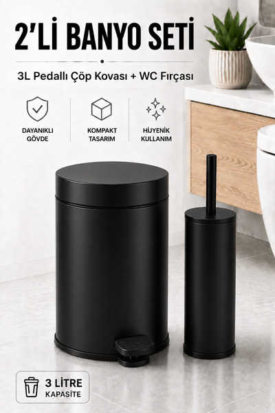 Sas Haus Crni Somot dvodelni set za kupatilo - metalna kanta za smeće 3L i se...
