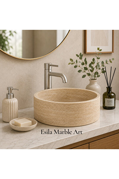 ESİLA MARBLE Doğal Traverten Tezgah Üstü Lavabo | El Yapımı Yuvarlak Bej Taş ...