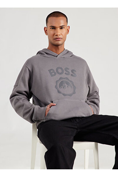 BOSS Gri Erkek Kapüşonlu Relaxed Desenli Sweatshirt We_ice