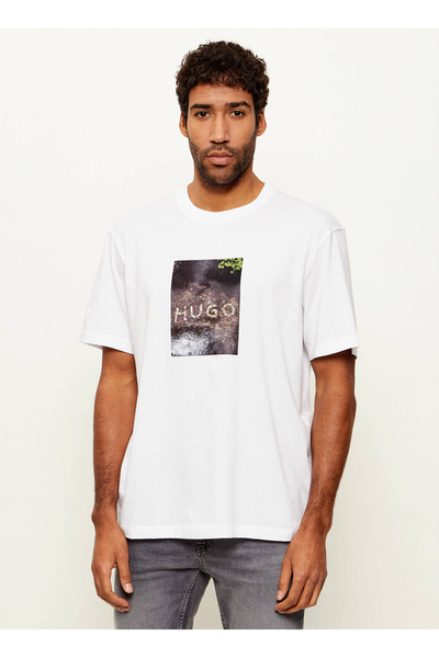 HUGO Beyaz Erkek Relaxed Logo Baskılı T-Shirt 50554319_Doreston
