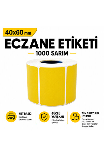 RULORULO 40x60 1000li Eczane Ilaç Tarif Etiketi Sarı Renk (1 RULO 1000 ETİKET)