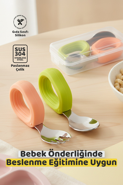 Guqqo Bebek Çatal Kaşık Seti, Paslanmaz Çelik, Silikon Saplı, Pudra Yeşil