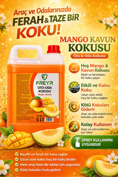FREYR Mango Kavun Sprey Oda Oto Ortam Kokusu Seti 5 LT+400 ML Araba Araç Ev Kokusu Parfümü – Kalıcı Ferah Koku