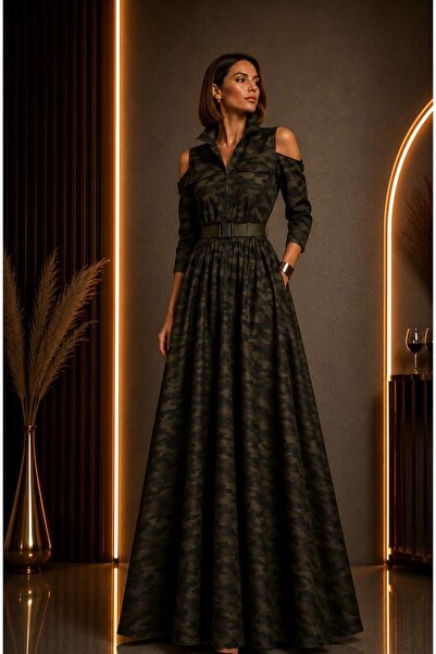 ALYEL NAKER Utility Detailed & Off-Shoulder Camouflage Poplin Maxi Dress