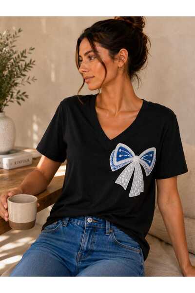 Benedetto New Season Modal Cotton V-Neck Bow Detailed Stoned Basic T-Shirt Short Sleeve Casual