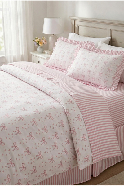 GÖRMEZ TEKSTİL 100% Cotton Ruffled Double Bow Pattern Duvet Cover Set