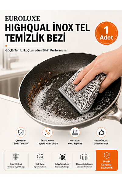 EUROLUXE 1 Adet 20x20 Çok Amaçlı Inox Tel Temizlik Bezi Çizmez Bulaşık Bezi T...