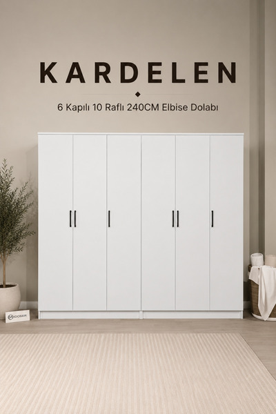 midoser Kardelen Serisi Mat Beyaz 6 Kapaklı 10 Raflı 2 Askılı 240 Cm Elbise D...