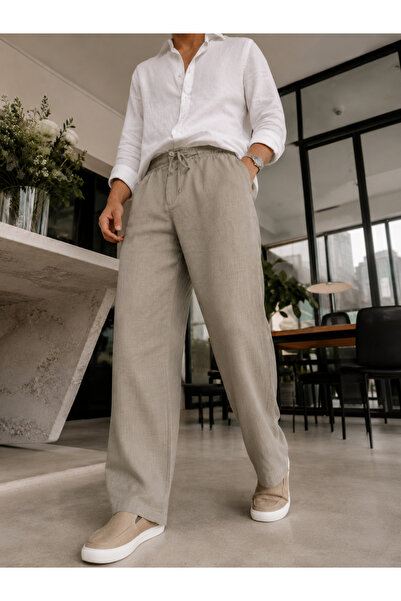 WE&ME Men's 100% Cotton Linen Look Slim Fit Elastic Lace-Up Trousers |   Summ...