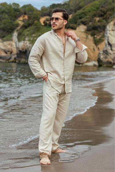 Madmext Beige Relaxed Fit Linen Men's Shirt and Trousers Set E7362