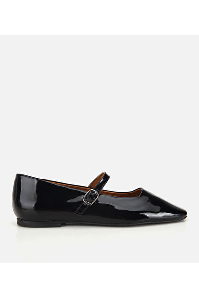 Hotiç Women's Patent Leather Leather Black Strappy Blunt Toe Shoes Ballet Flats