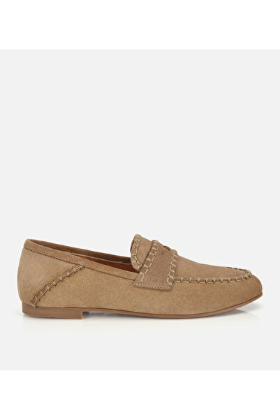 Hotiç Women's Suede Leather Beige Seam Detail Casual Loafers