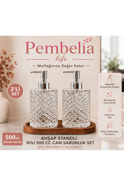 Kitchen Pembelia Ahşap Standlı 2’li Cam 500 ml Gri Başlıklı Sıvı Sabun Bulaşı...