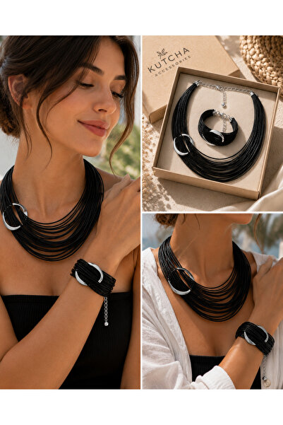 Kutcha Accessories Siyah Tasarım Bileklik Ve Kolye Takı Seti