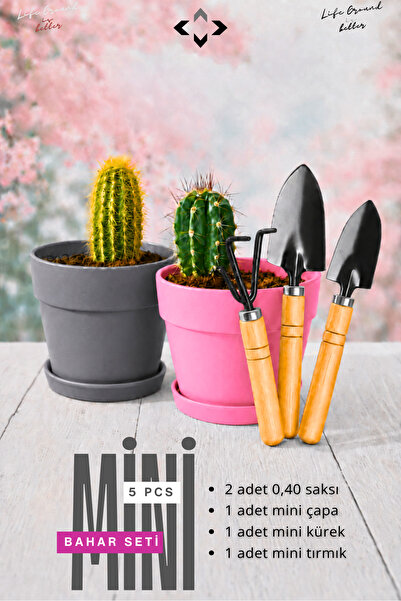 5 Piece MİNİ Spring Set Mini Pickaxe Shovel Rake Flower Pot Balcony Flower Growing Set Decorative Flower Pot